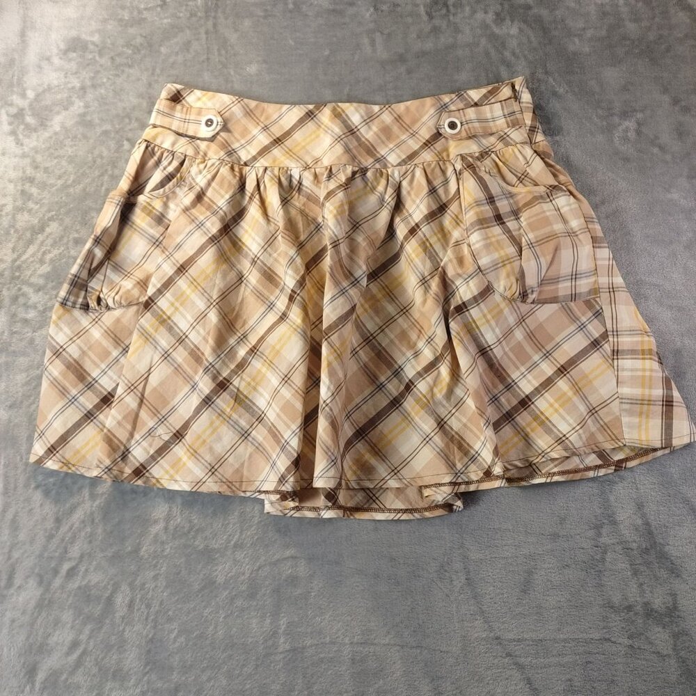 Plaid Women’s Mini Skirt Beige Cotton Utility‎ Pockets Y2K Academia Grunge S